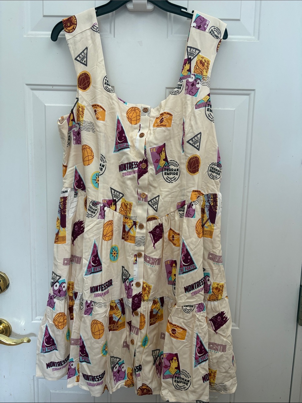 Cream Patterned Button-Front Sundress with Purple & Yellow Accents